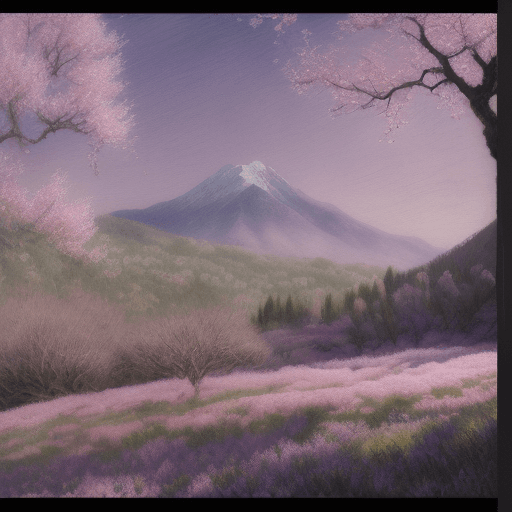 AI generated: An impressionistic design, mountain, peach trees, dreamlike atmosphere, shaded by soft pastel natura...