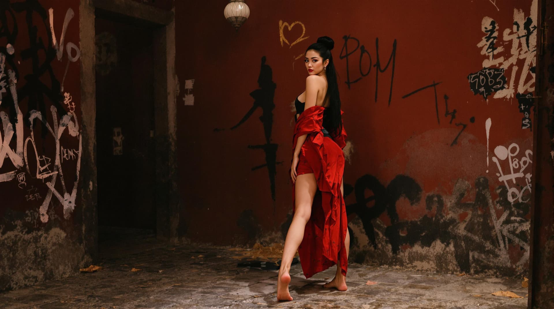 AI generated: Full body view An alluring Asian woman in a very short red and black kimono, partially slipping off ...