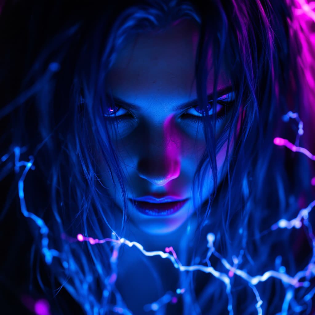 AI generated: a close up of a person with long hair, demon black blue purple, little angry girl with blue hair, am...