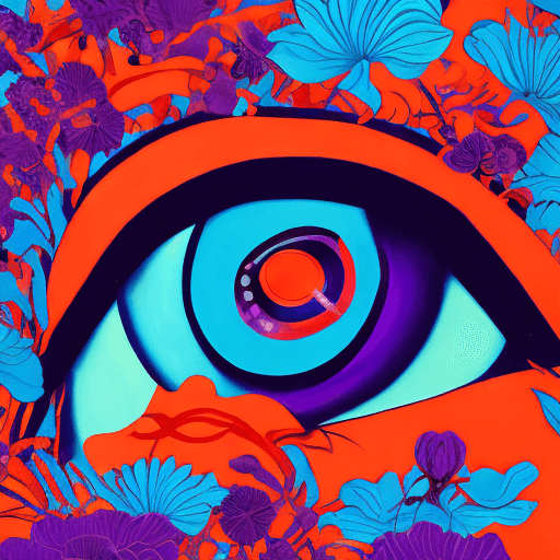 AI generated: a  painting of an eye with purple and orange flowers, in the style of james jean, mysterious jungle,...