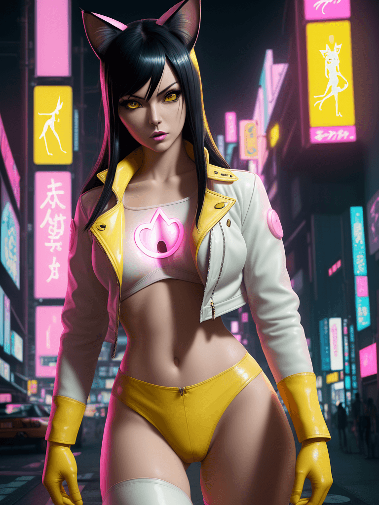 AI generated: An anthropomorphic Nico robin as cat girl, cat nose pink outline, in neo-Tokyo, cyberpunk yellow lea...