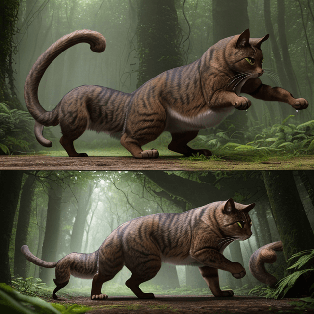 AI generated: side view of a nice, wise, giant brown cat fighting giant rat in a prehistoric forest,  side view of...