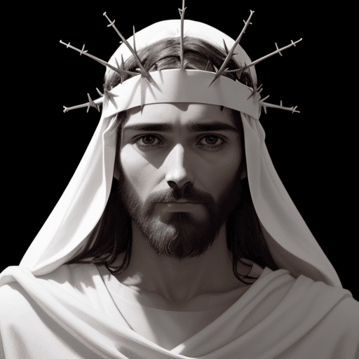 AI generated:  Make Jesus, dressed in white, with a slight smile, on his head a crown of thorns, make it minimalis...