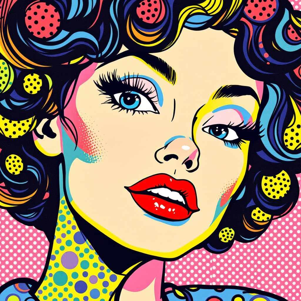 AI generated: A vibrant portrait of a woman with curly hair, in the style of pop art, bold and vivid colors, graph...