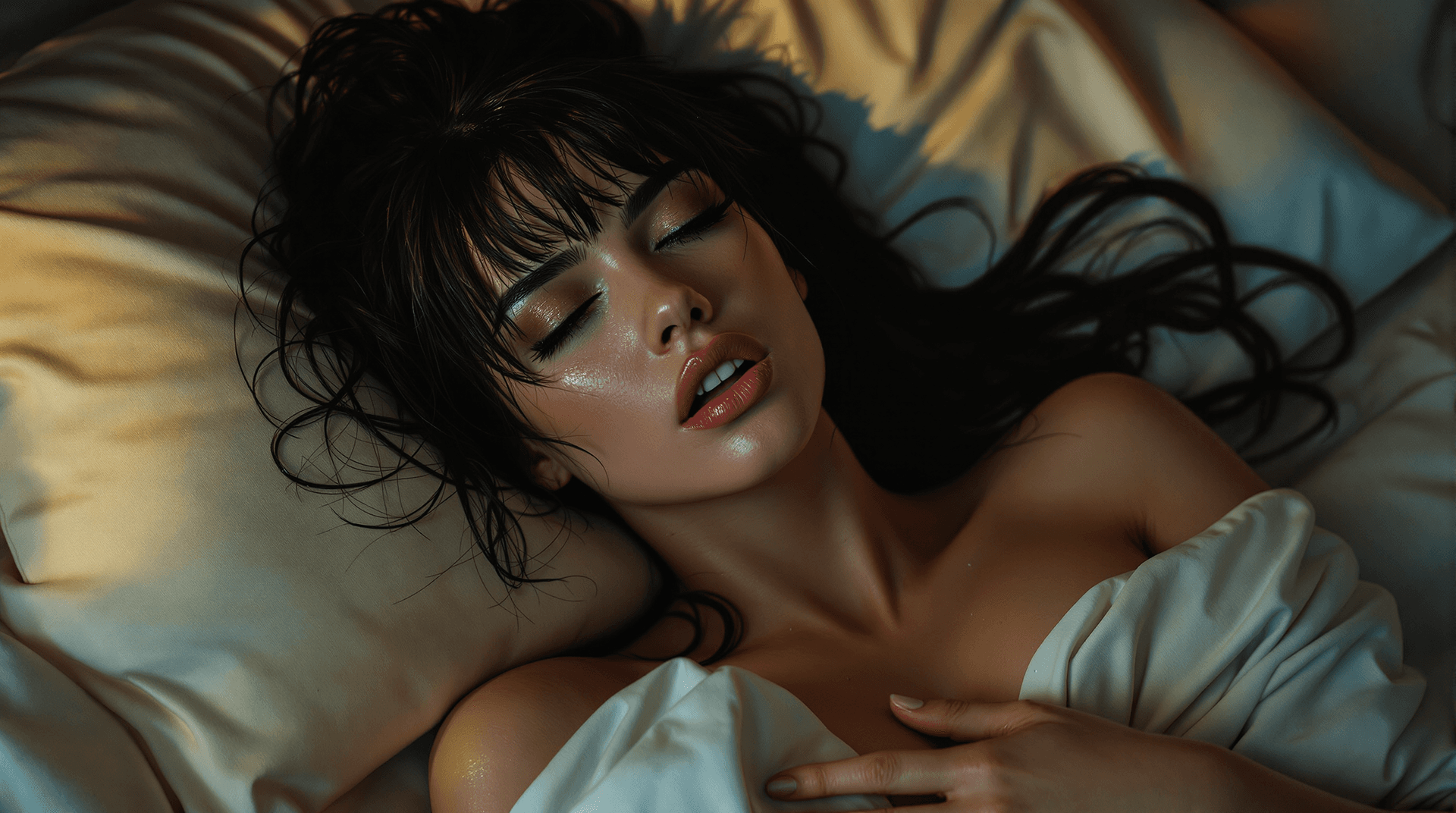 AI generated: extreme high angle, extreme close-up photo of a stunning woman (Lilith) in bed . Her raven tresses c...