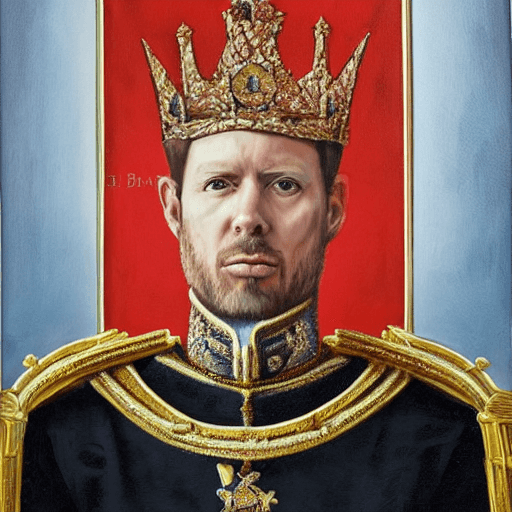 AI generated: oil painting royal portrait of a white human royal high - tech king, king's portrait, autoritarian, ...