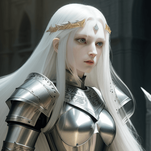 AI generated: Female knight, long white hair, pale skin, green eyes, symmetrical features, thin features, narrow f...