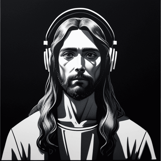 AI generated: [jesus] wearing headphones, drawn with white ink on black paper --ar 8:15 --stylize 50 --v 5.2