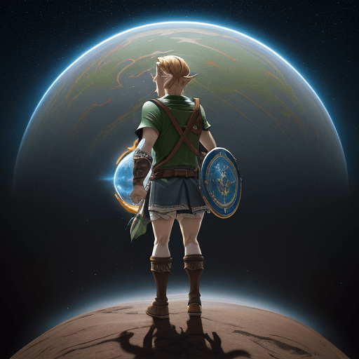 AI generated: Full body portrait of movie character, Hyper realistic Link, Link standing in front of a big magical...