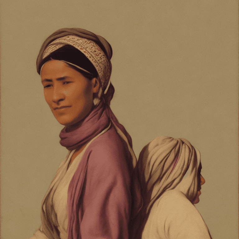 AI generated: a woman with a silk scarf on her head tied in peasant style