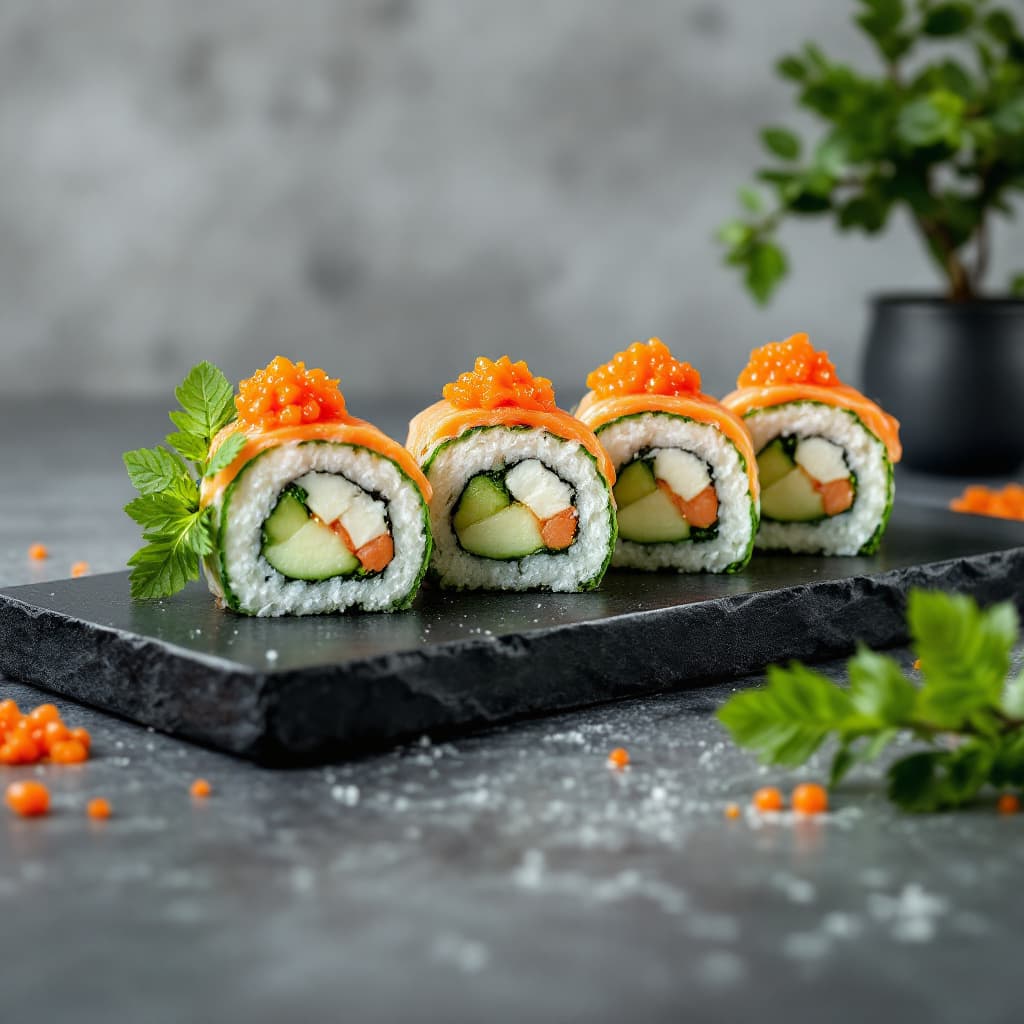 AI generated: 8 pieces of Philadelphia roll inside a cucumber, cheese and orange caviar roll, and salmon on top on...