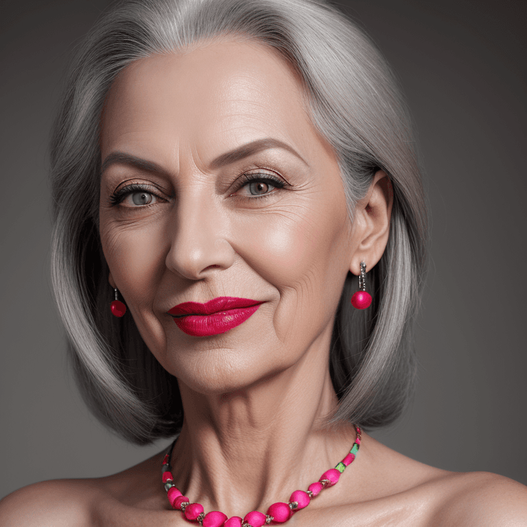 AI generated: hyper realistic headshot photo of a 55 year old stylish, woman,  elegant, long grey hair, slim, skin...