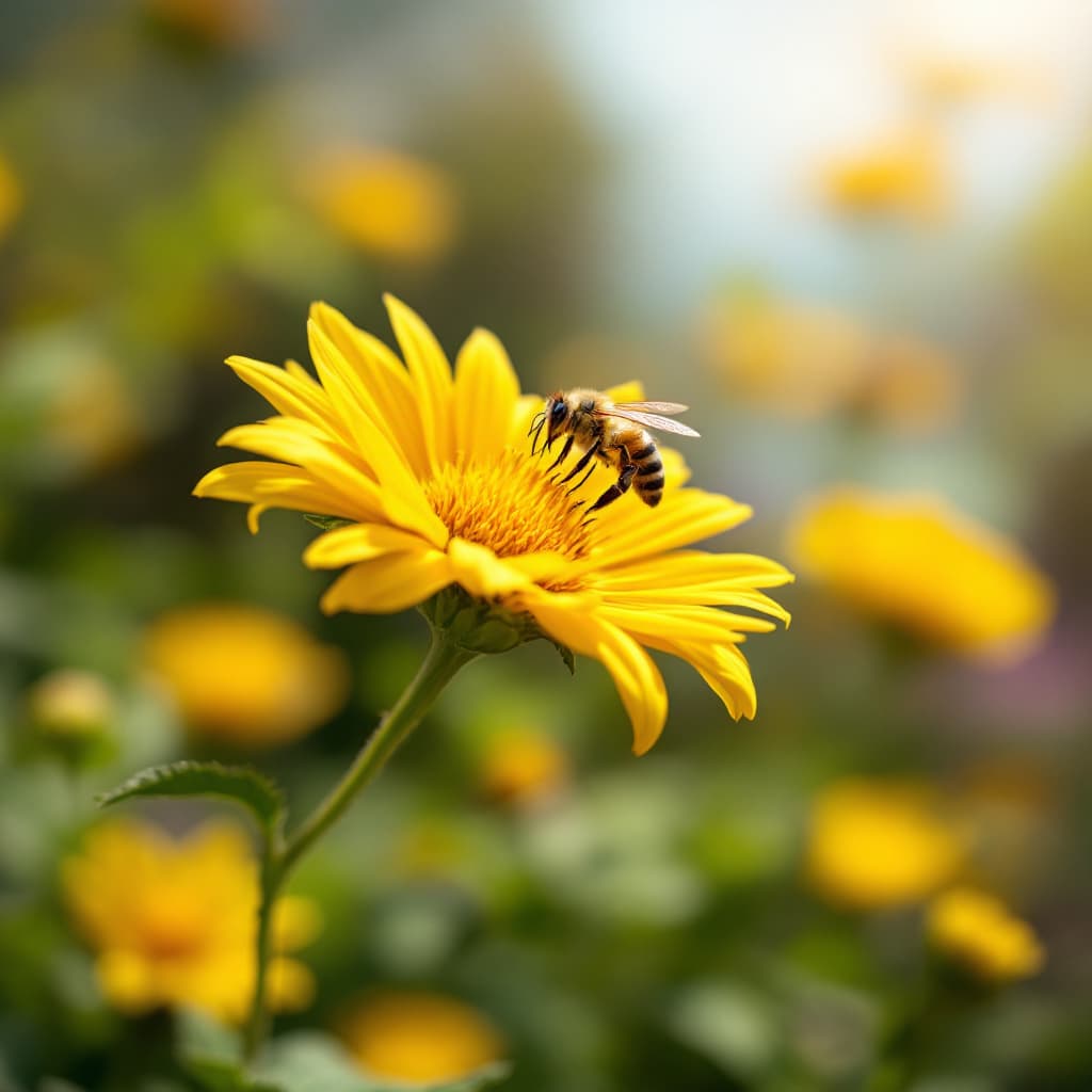 AI generated: A close up image of a yellow flower open and blooming in a sunny environment with a bee buzzing arou...