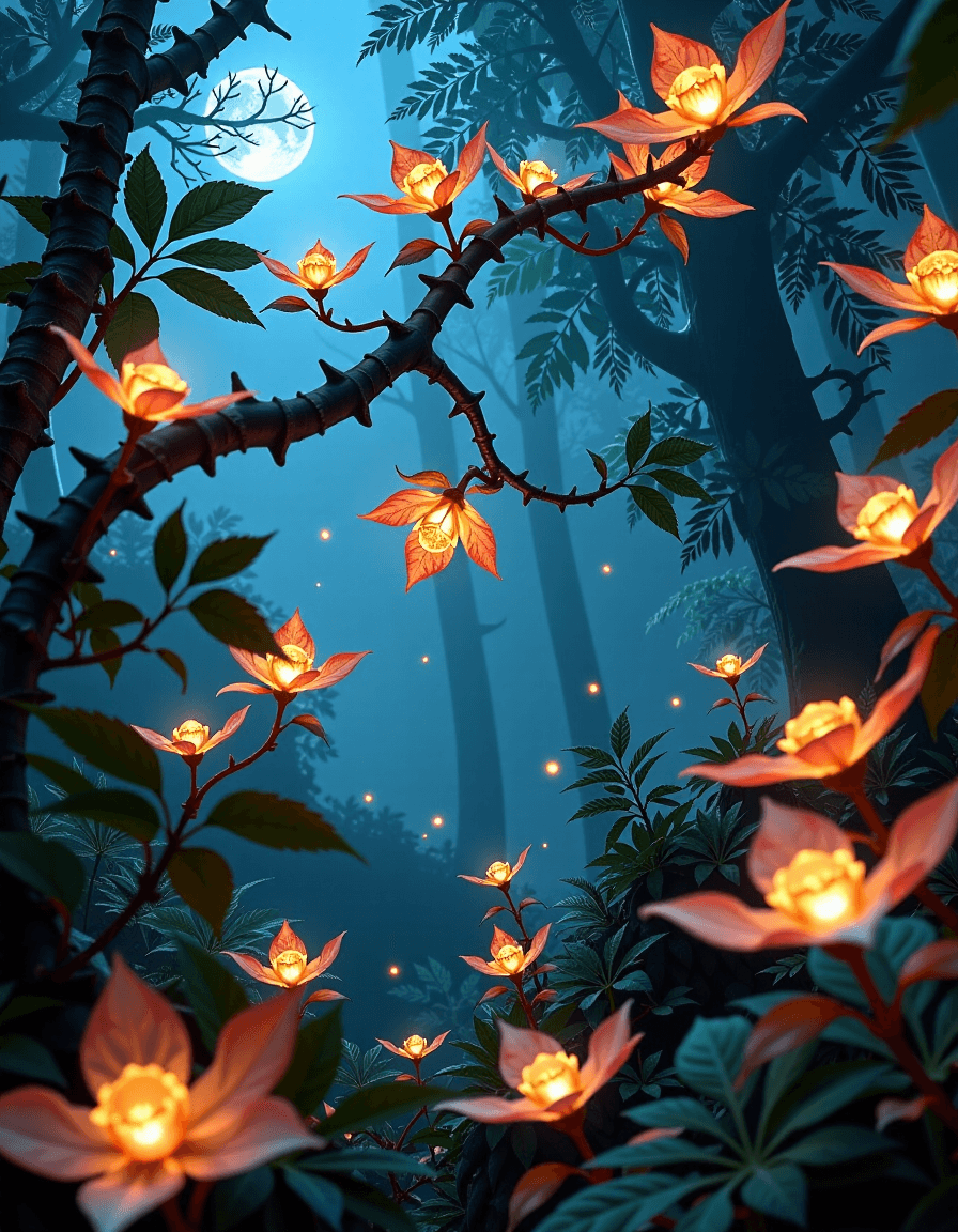 AI generated: Digital painting of a fantastical bioluminescent alien forest at twilight. Flora with intricate, glo...