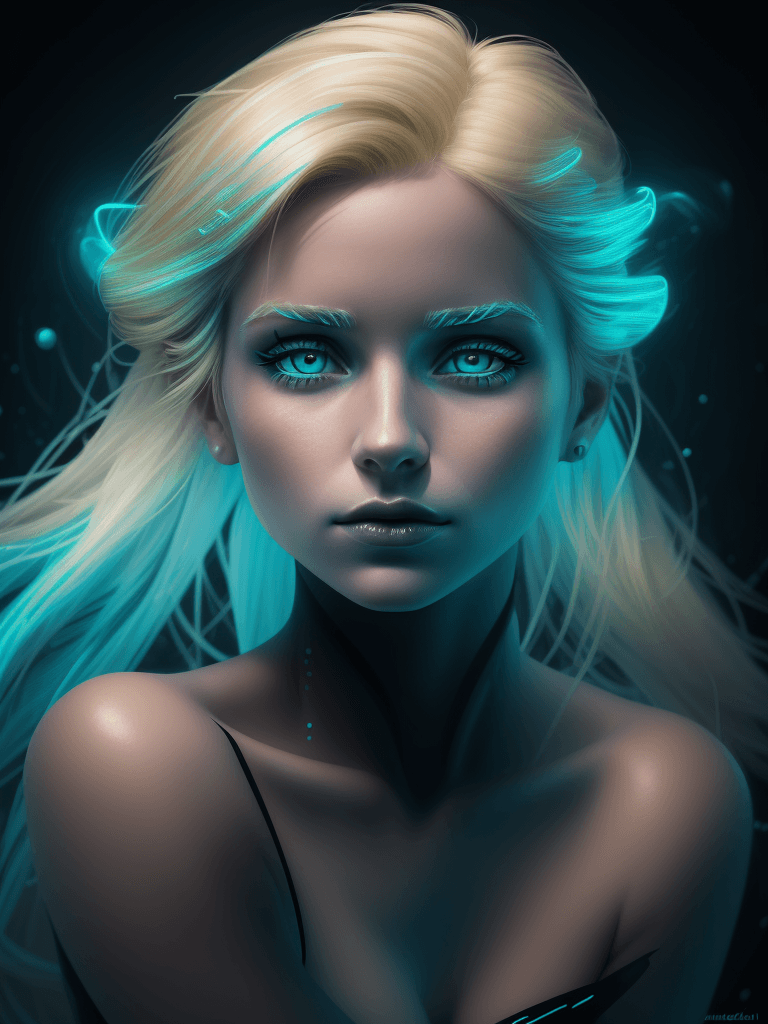 AI generated: close up of a girl with blonde hair, sitting in a bright light with a neon lamp, in the style of dig...
