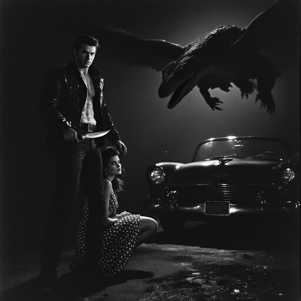 AI generated: "Depict a dramatic black-and-white 1950s action movie scene, photographed in the style of vintage fi...