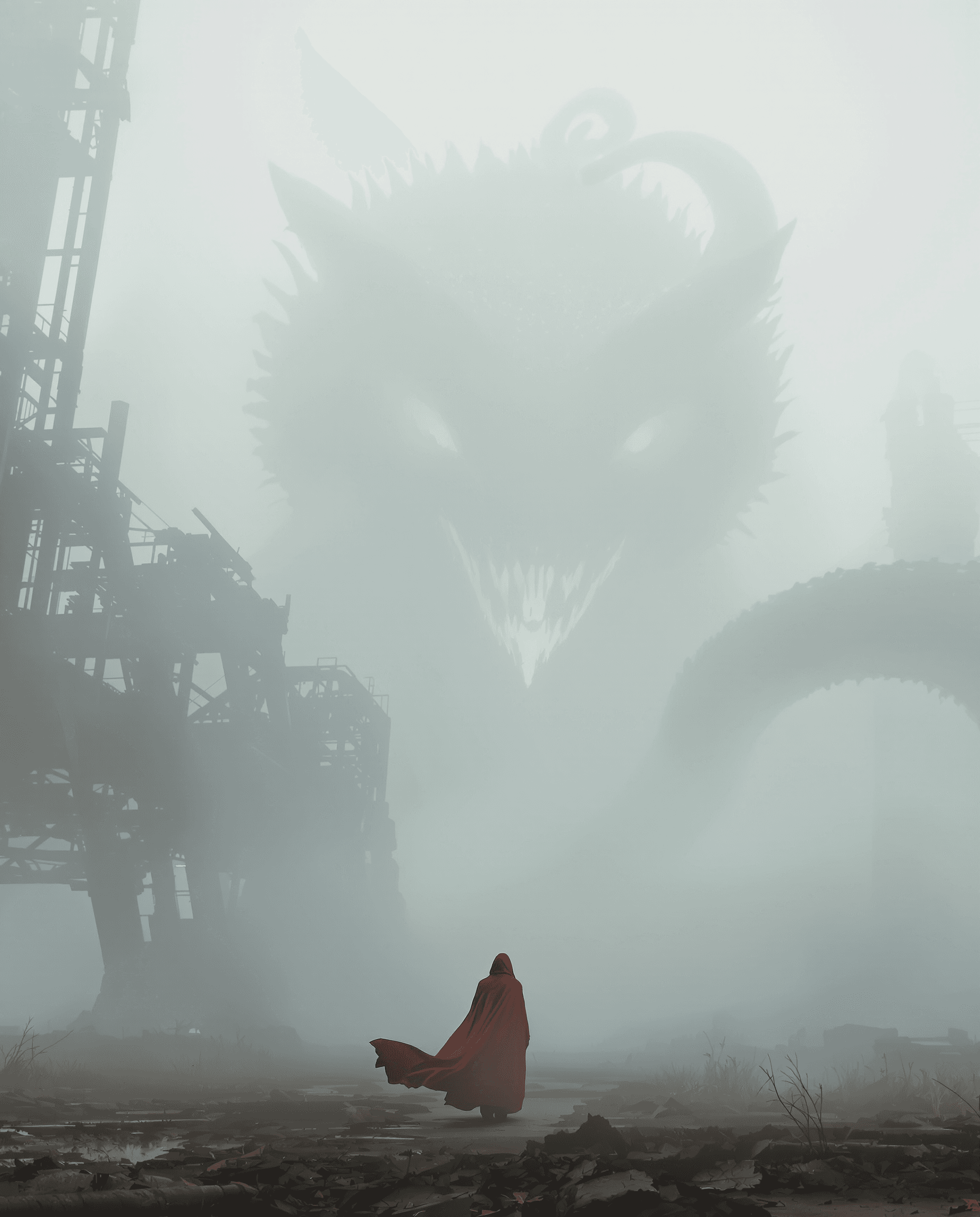 AI generated: A cinematic landscape showing a lone figure wearing a red cloak that flutters gently in the wind. Th...