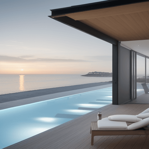 AI generated: ein prächtiges modernes Strandhaus mit meerblick mit einem schlichten, modernen Design, Pool und Str...
