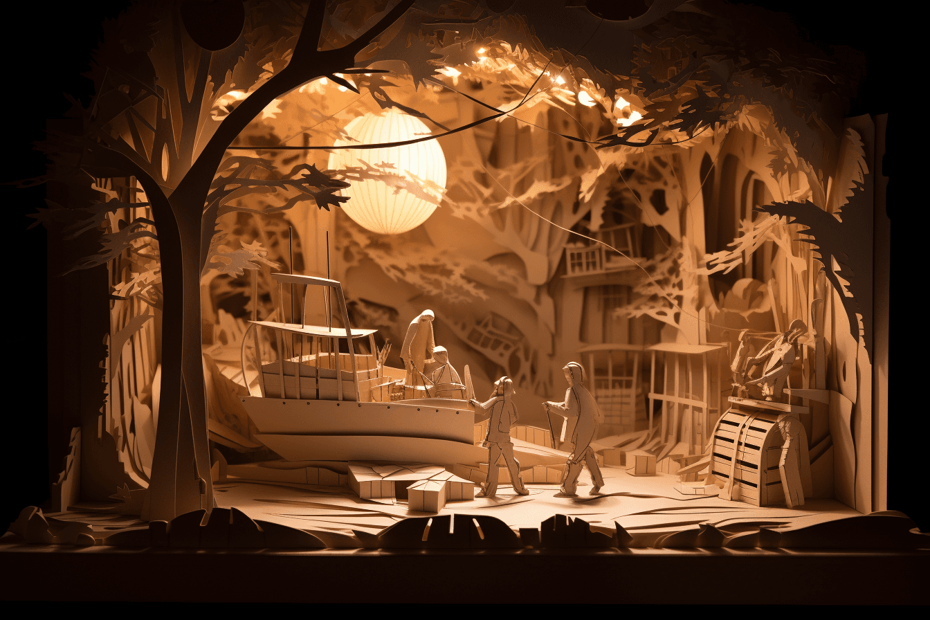 AI generated: Layered paper art, fishing village, diorama, soft lighting
