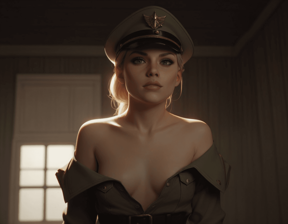 AI generated: score_9, score_8_up, score_7_up, soldier girl, pinup, inside, boobies_uniform, headwear, looking at ...