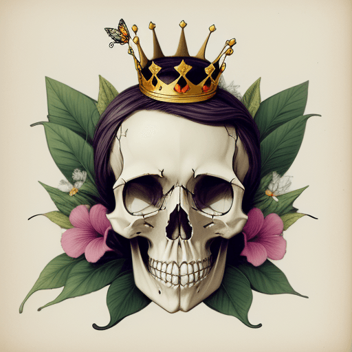 AI generated: skull with crown, on top of a butterfly, and on one side a laurel branch