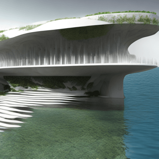AI generated: architecture, water co-habitation, design, rising sea levels, conceptual, level changes, flowing, fr...