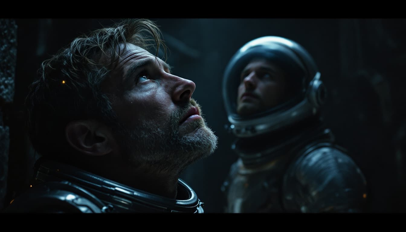 AI generated: Close Shot: The man’s silver space suit glints as he stands outside the room, helmet off, staring up...