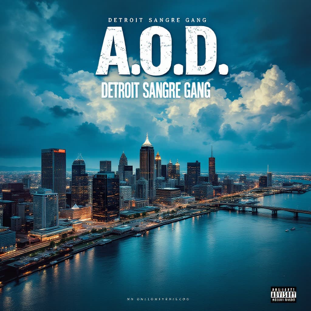 AI generated: Design a movie poster for a artist named "A.O.D." with album called "Detroit Sangre Gang" in letters...