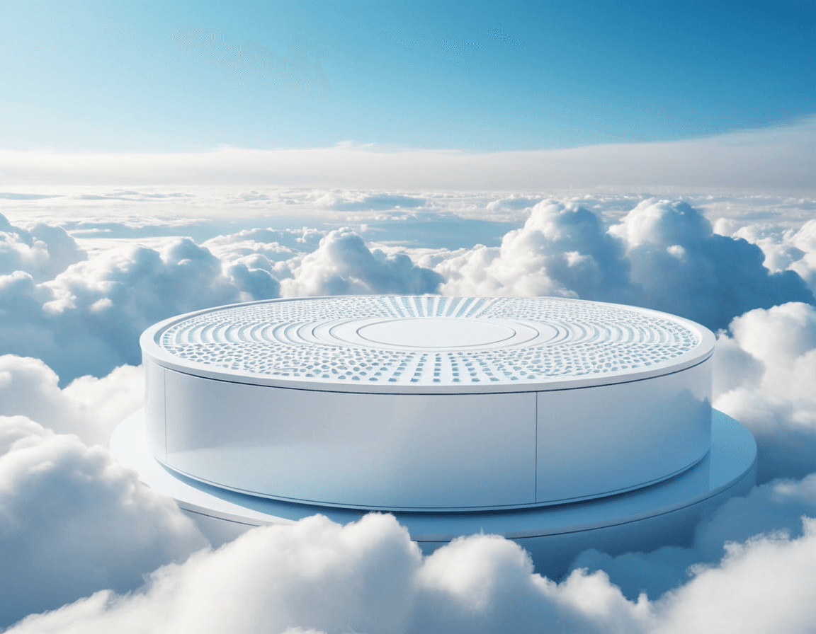 AI generated: a white platform in the middle of the clouds, trending on cg society, sky blue and white color schem...