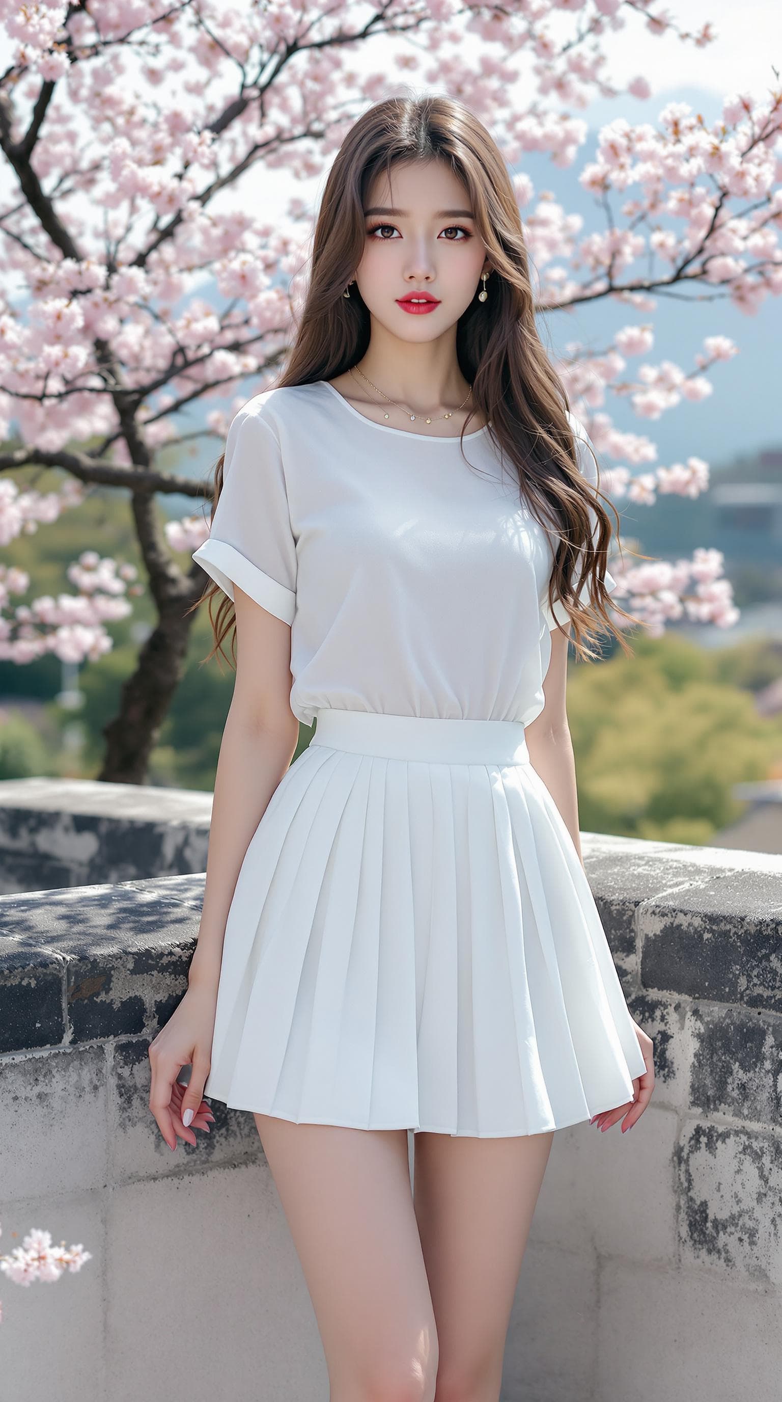 AI generated: a girl, Korean woman, korean ulzzang face, in a white clothes, short sleeves and pleated mini skirt,...