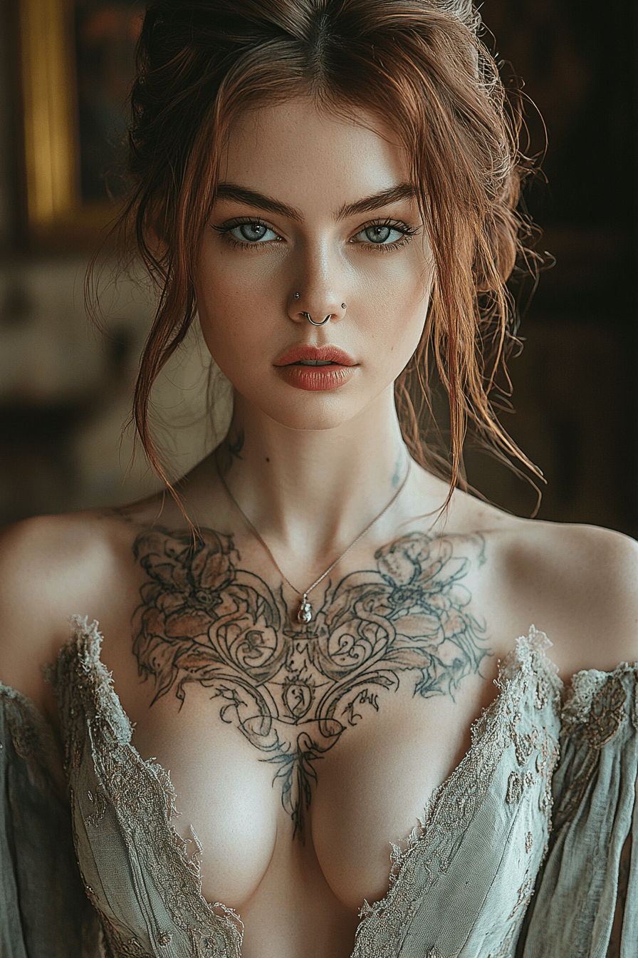 AI generated: A noble woman from the Middle Ages, elegantly dressed in a luxurious gown with a deep V-neck, reveal...
