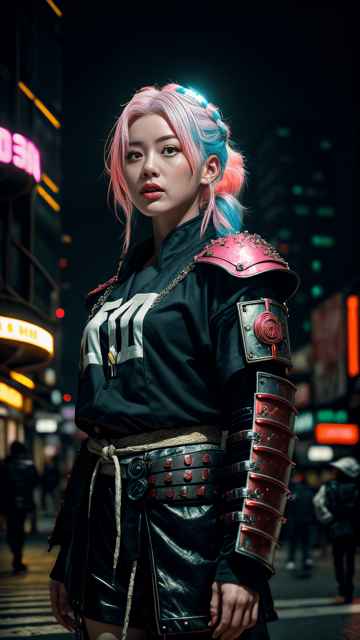 AI generated: (masterpiece, best quality, award winning professional photograph:1.2), 1girl, solo, (samurai female...