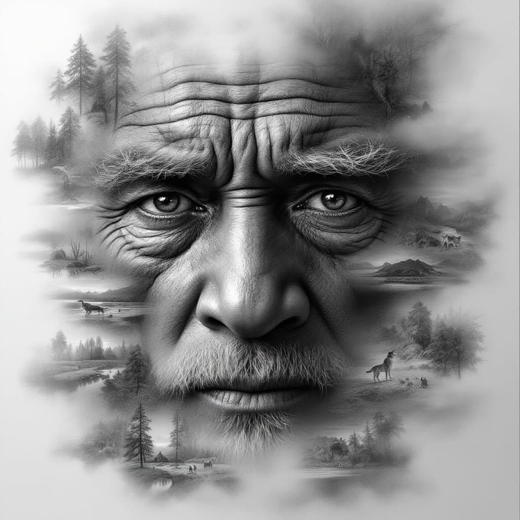 AI generated: digital painting, image inside image, ultra realistic, black and white sketch, very detailed eyes of...