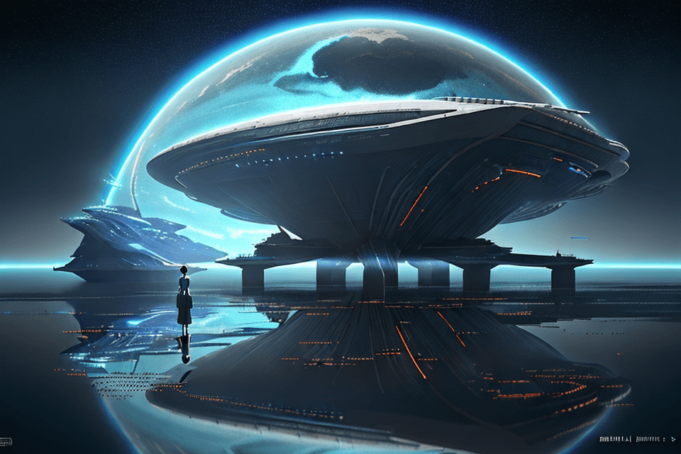 AI generated: sketches blueprint of futuristic sci-fi huge spacecraft, warp engines, formulas and annotations, sch...