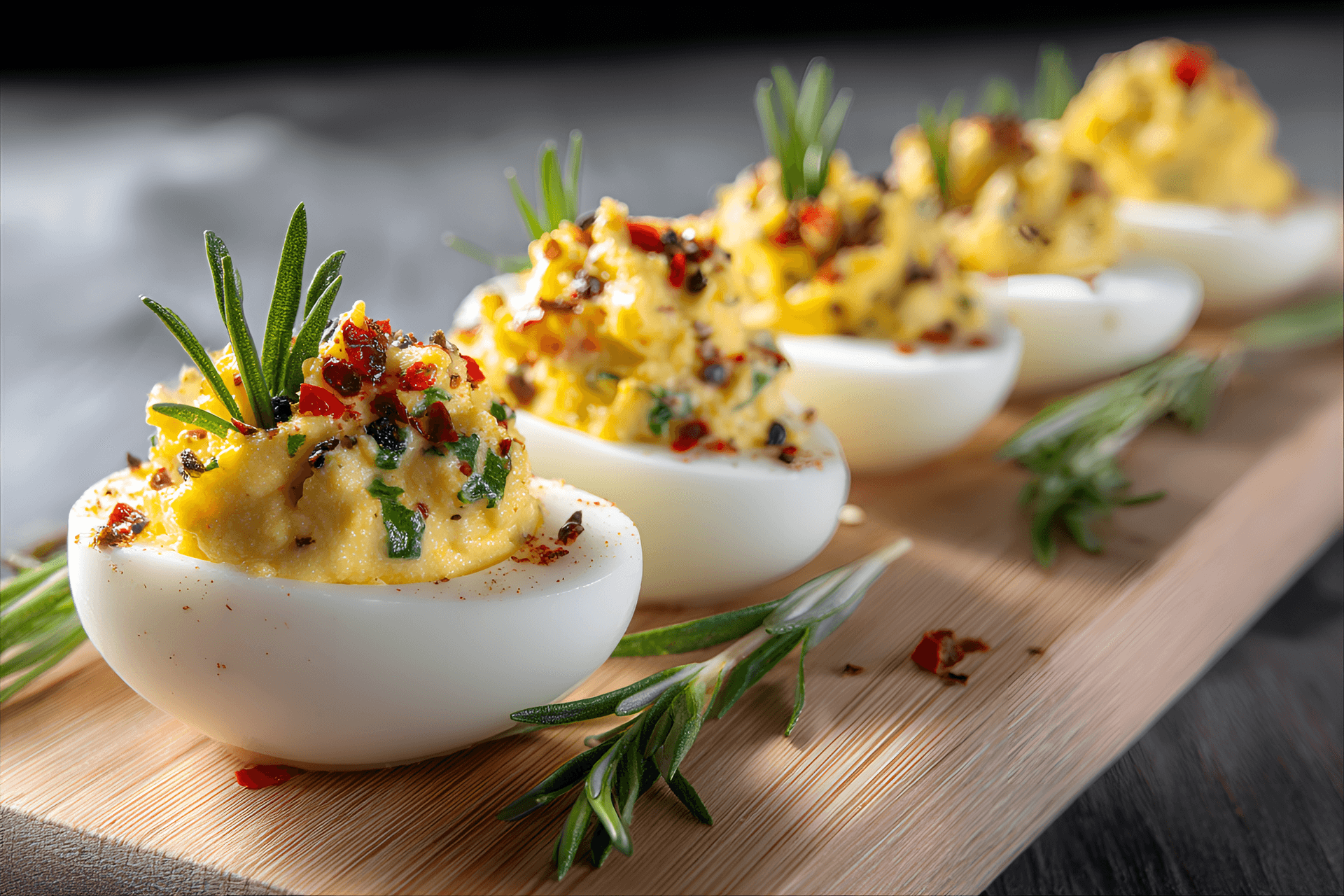 AI generated: eggs on a light brown wooden board, several deviled eggs,  with creamy yellow filling and small bits...