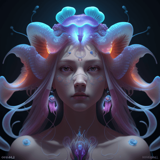 AI generated: Goddess close-up portrait ribcagel. jellyfish phoenix head, nautilus, orchid, skull, betta fish, bio...