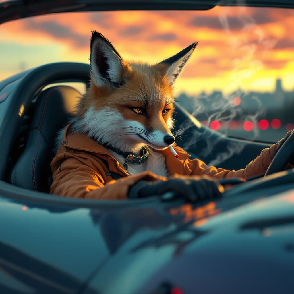 AI generated: a fox female driving a sport car , somking the smoking cigarettes anime style.