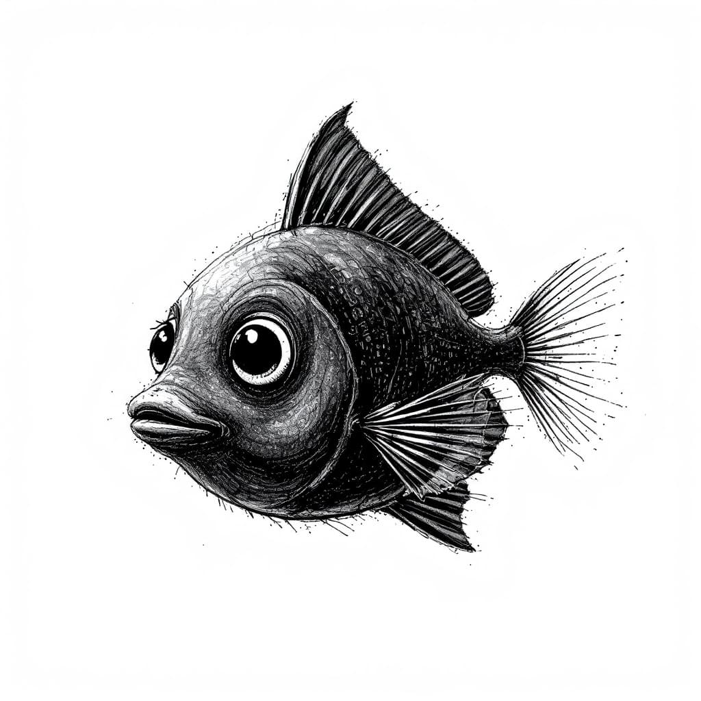 AI generated: Cartoon sketch of black little fish , white background, drawing made in colored pencil and thick lin...
