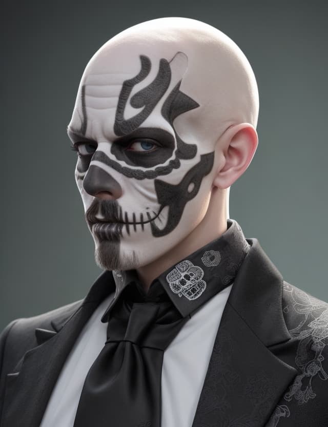 AI generated: high detail, colorful, sugar skull man, white thin bald man, hitman style, night atmosphere at Hallo...