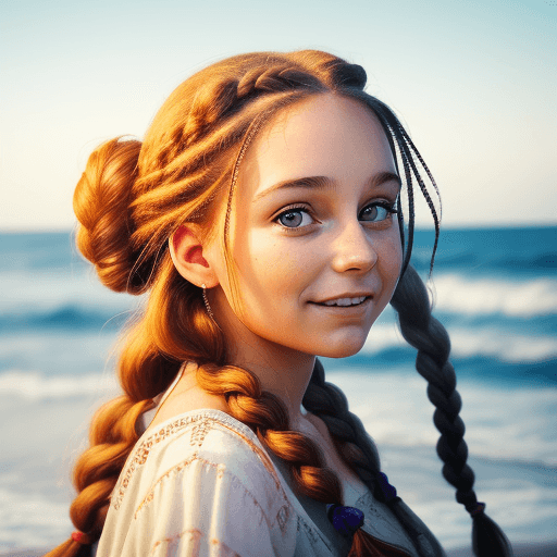 AI generated: A hippie woman with beautifully braided hair. naturally cute. portrait photo by the sea, dynamic pos...