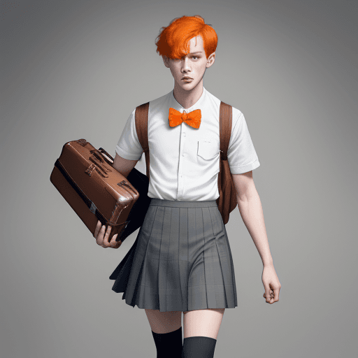 AI generated: masterpiece, mid shot, arafly dressed man with orange hair and a suitcase, a portrait inspired by Ha...