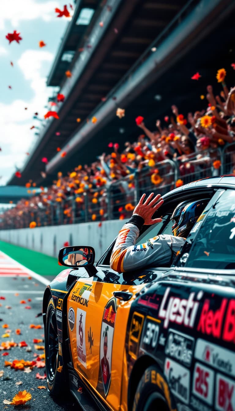 AI generated: On the race track, on the Walk of Fame, a car with the logos of its club on the sides stops.  Fans i...