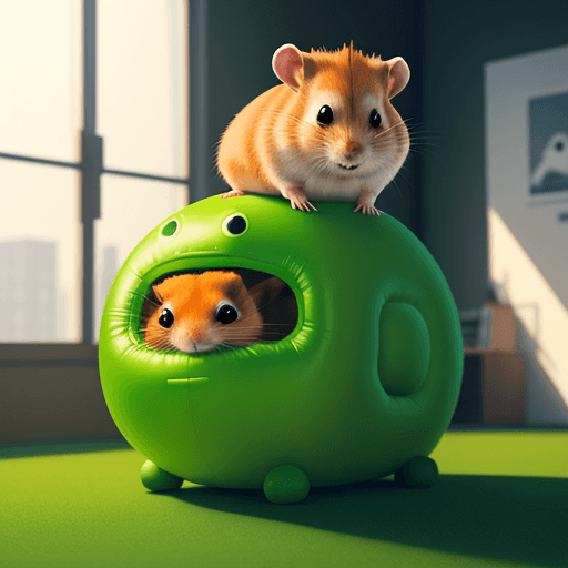 AI generated: ginger hamster sitting and bouncing on an inflatable green space hopper with an angry face on it.
Wa...