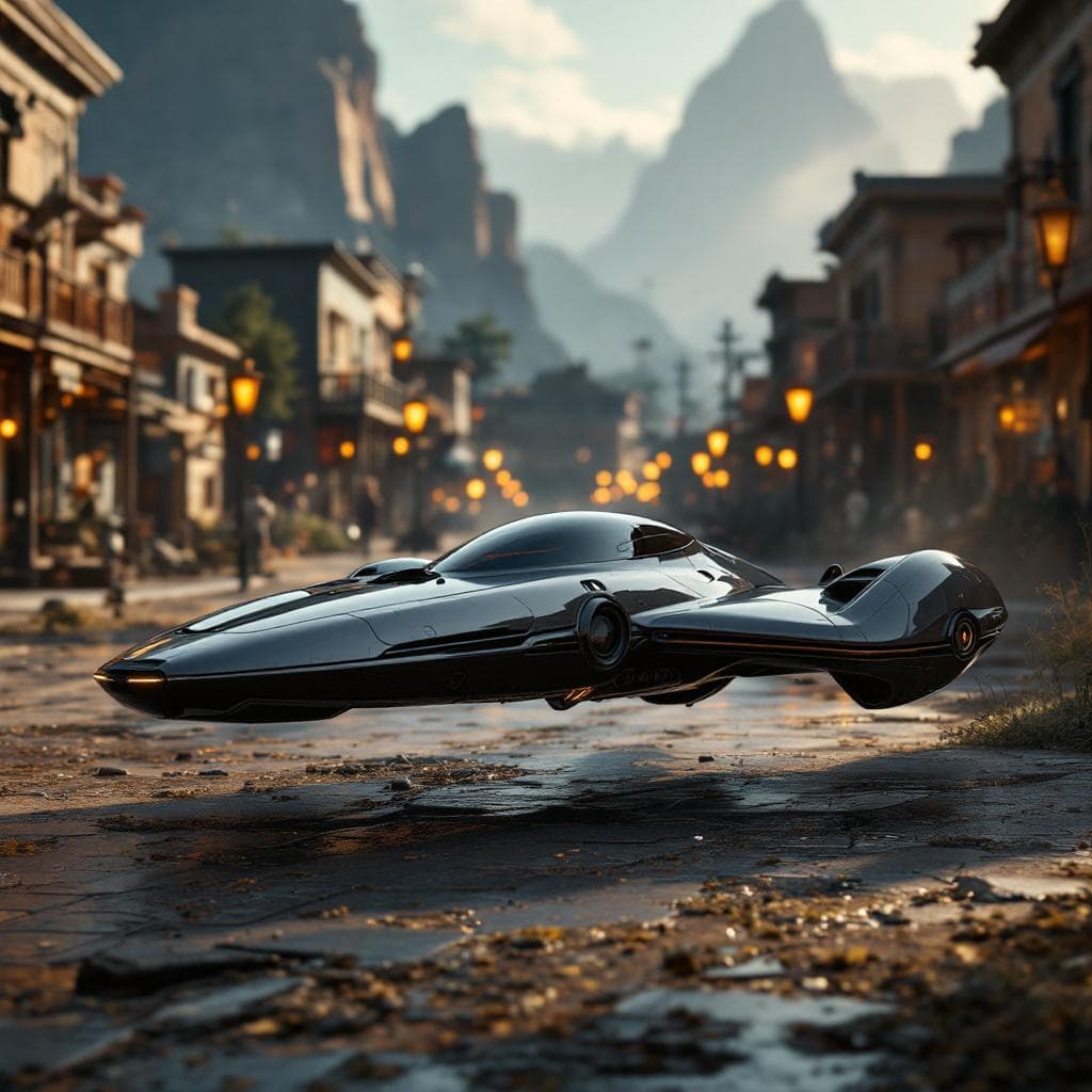 AI generated: Create a sleek, futuristic land speeder that can float across the rough terrain of the Old West. Unr...