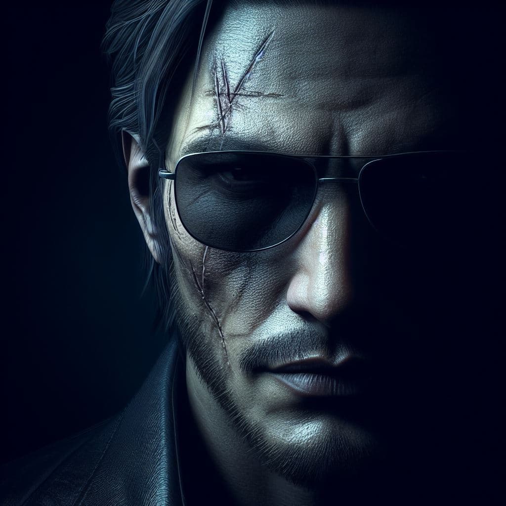 AI generated: Digital masterpiece: Nighttime Portrait of a Mysterious Man with Scars, Sunglasses, and Exquisite Sk...