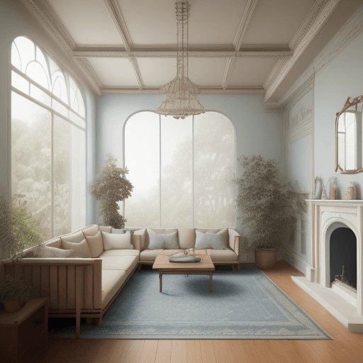 AI generated: High resolution photography interior design, dreamy sunken living room conversation pit, wooden floo...