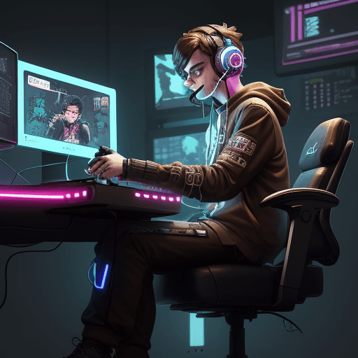 AI generated: An illustration of a quirky gamer boy with brown  short wavy hair,in the style of Flat shading, Gemm...