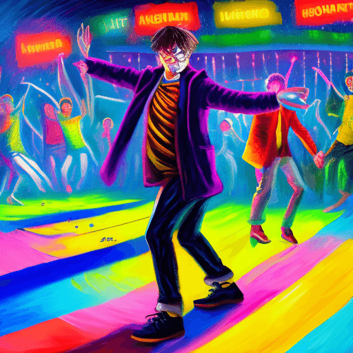 AI generated: harry potter dancing in a rave, oil painting, impressionist style, sunny day, vibrant nightclub danc...
