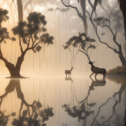 AI generated: In the tranquil embrace of a mist-kissed sandalwood forest, the early morning unveils a mesmerizing ...