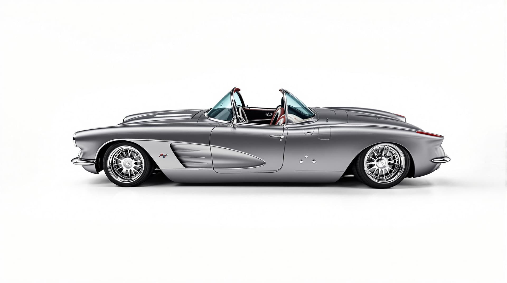 AI generated: Hyper realistic 1958 chevy corvette convertible, top rear side view, gray color, restomod with 20" d...